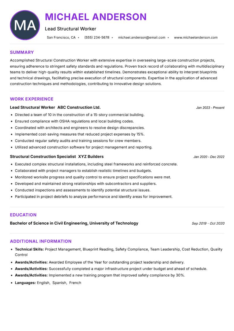 Structural Construction Worker Resume Preview Example