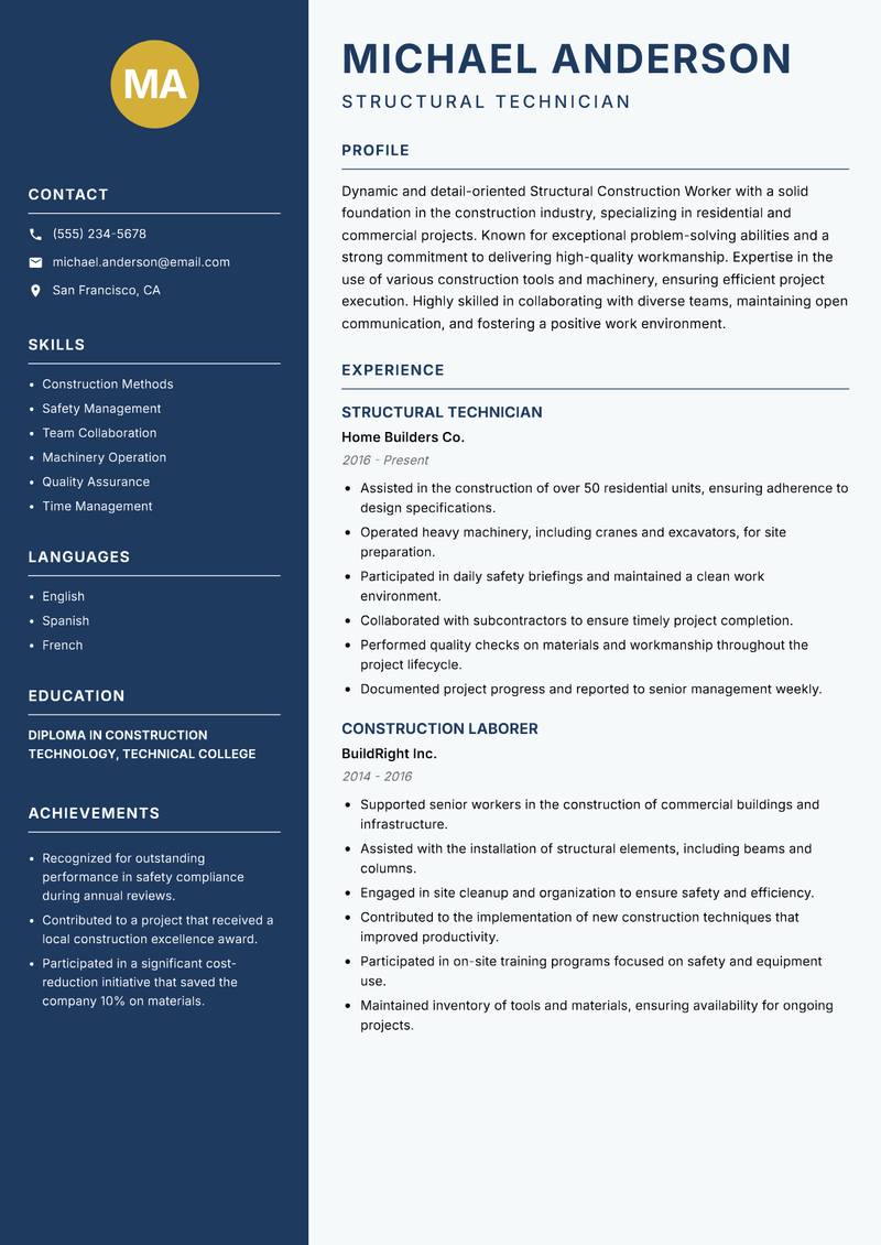 Structural Construction Worker Resume Preview Example