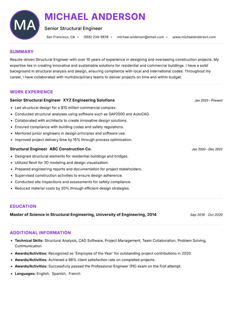 Structural Engineer Resume Preview Example