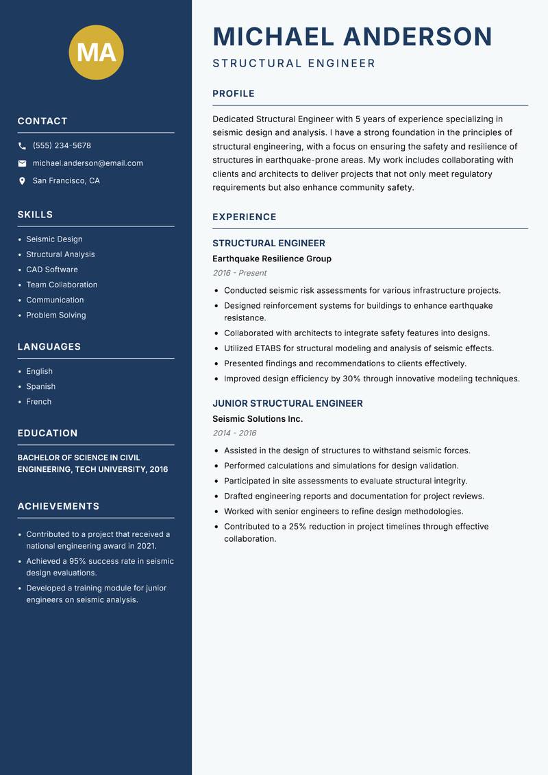 Structural Engineer Resume Preview Example