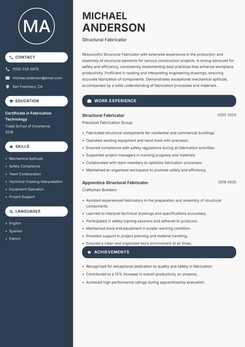 Structural Fabricator Resume Preview Example