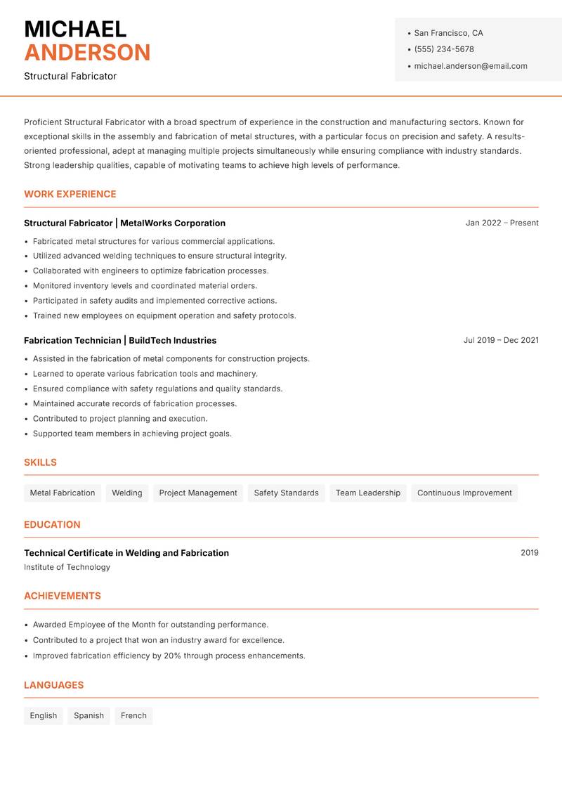Structural Fabricator Resume Template
