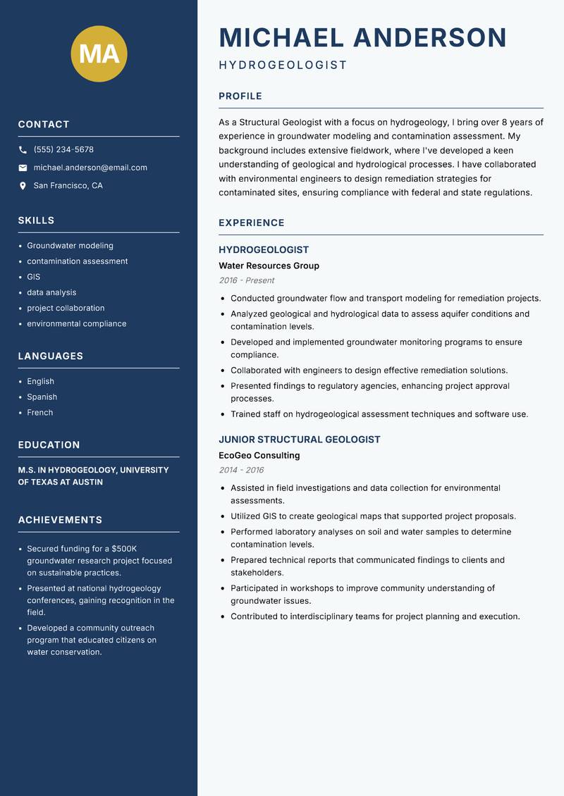 Structural Geologist Resume Preview Example