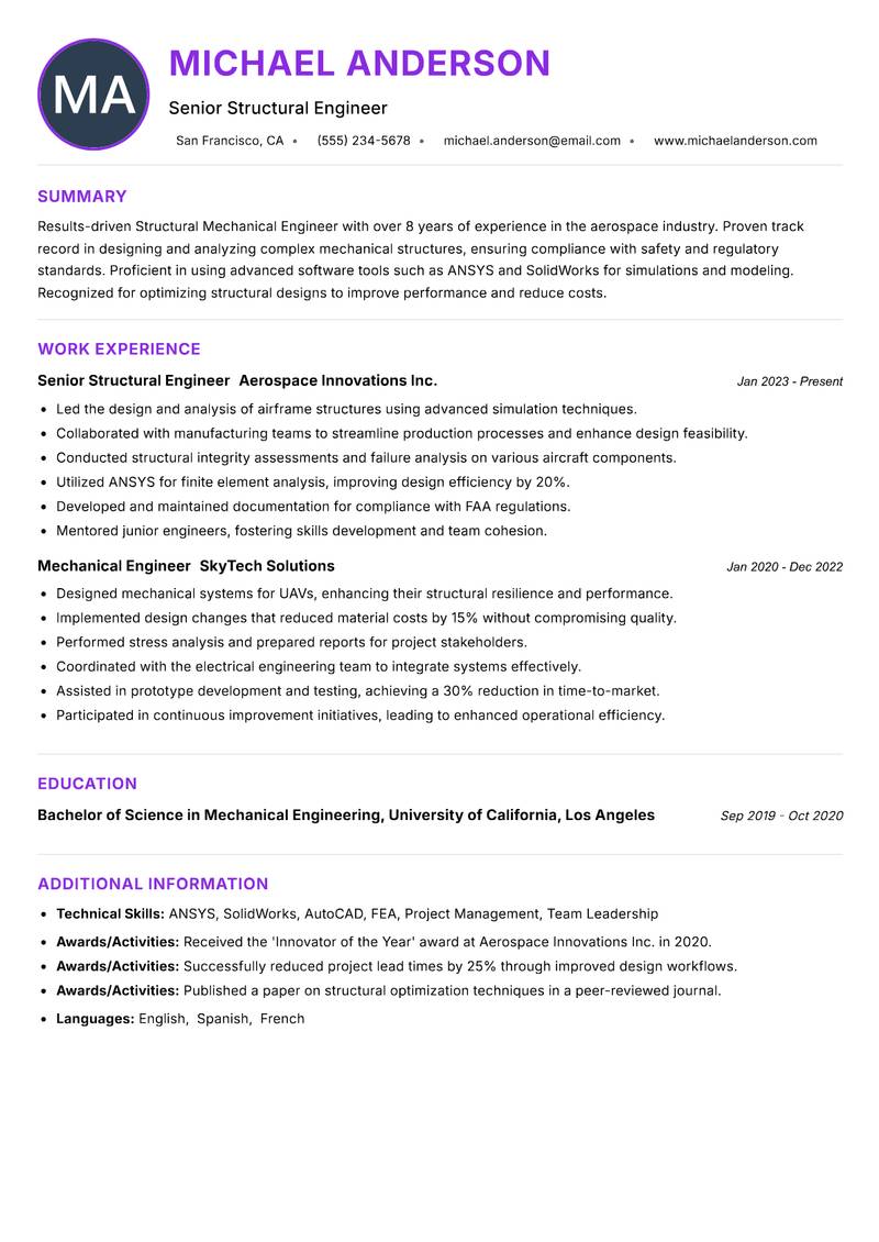 Structural Mechanical Engineer Resume Preview Example