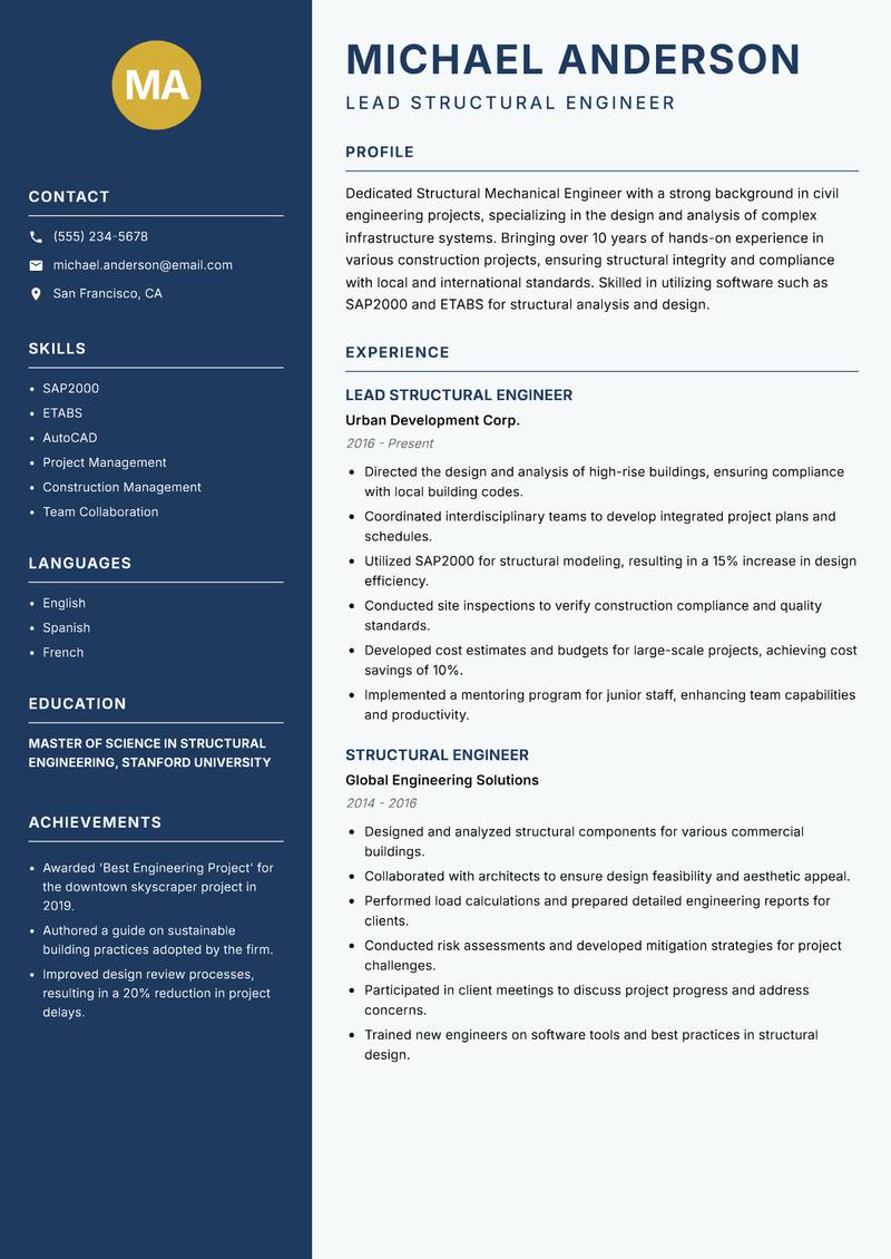 Structural Mechanical Engineer Resume Preview Example
