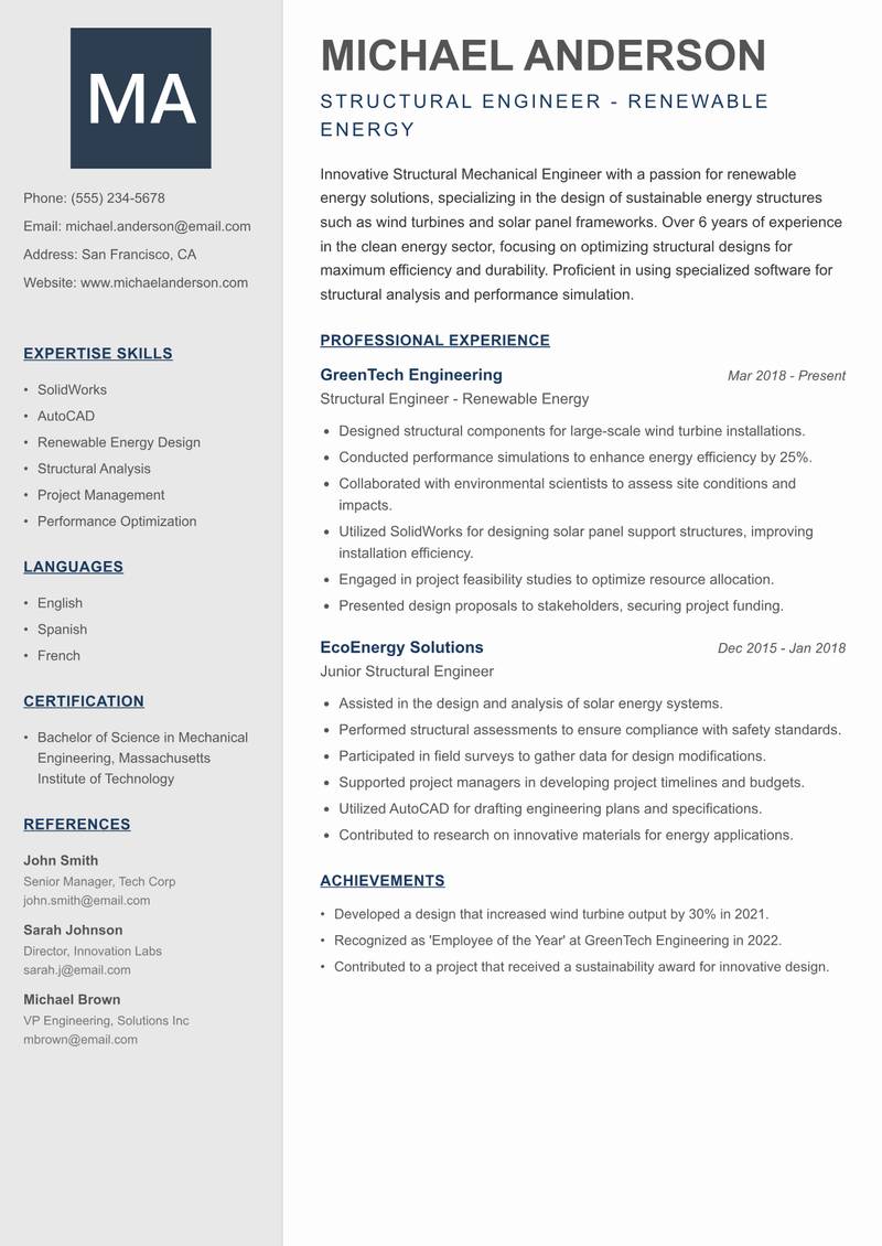 Structural Mechanical Engineer Resume Preview Example