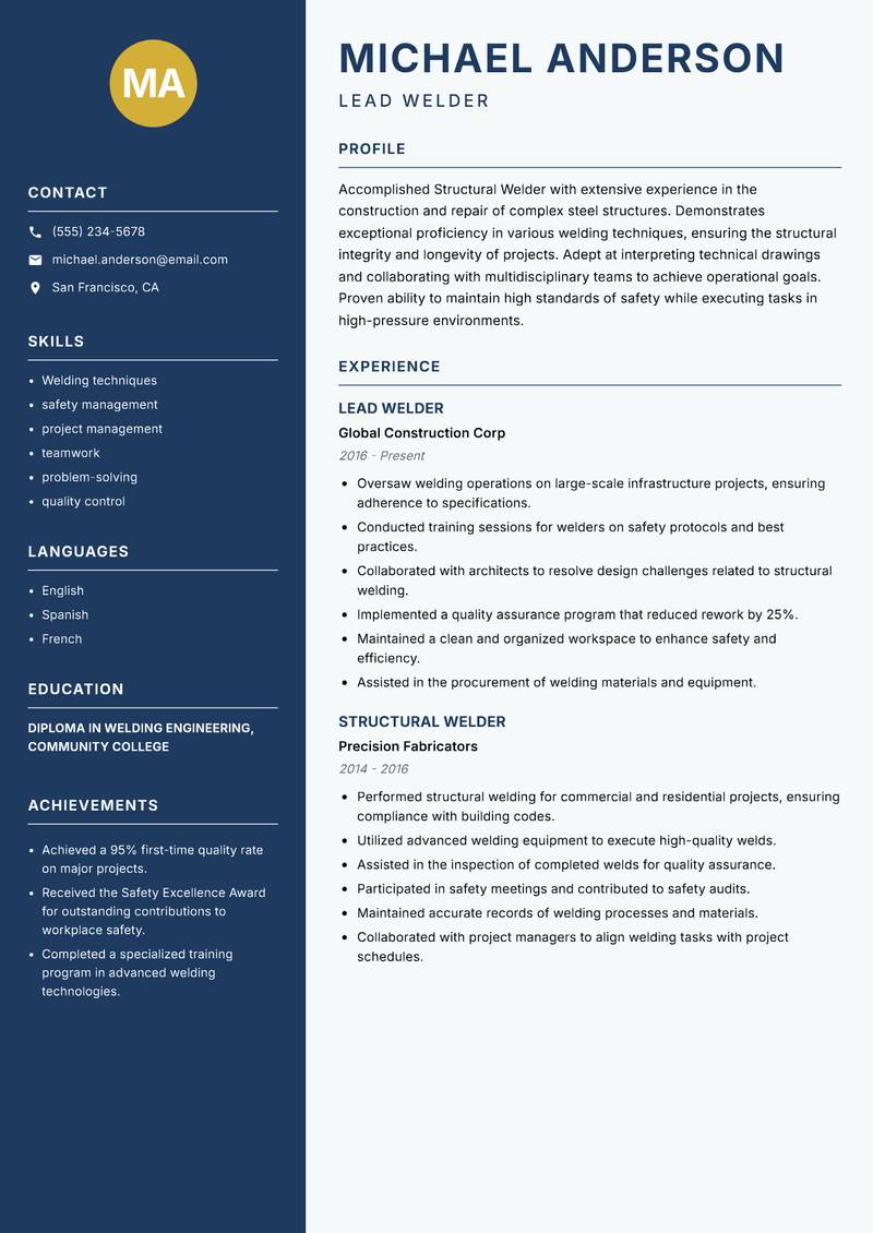 Structural Welder Resume Preview Example