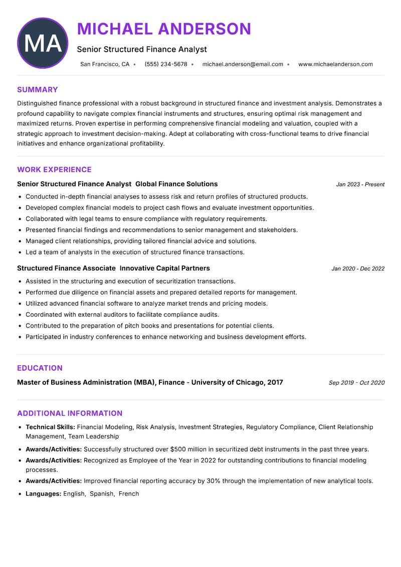Structured Finance Analyst Resume Preview Example
