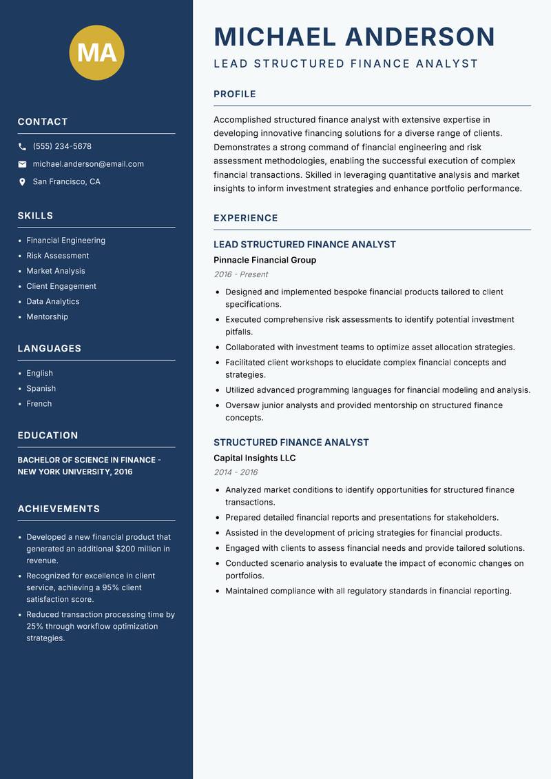 Structured Finance Analyst Resume Preview Example