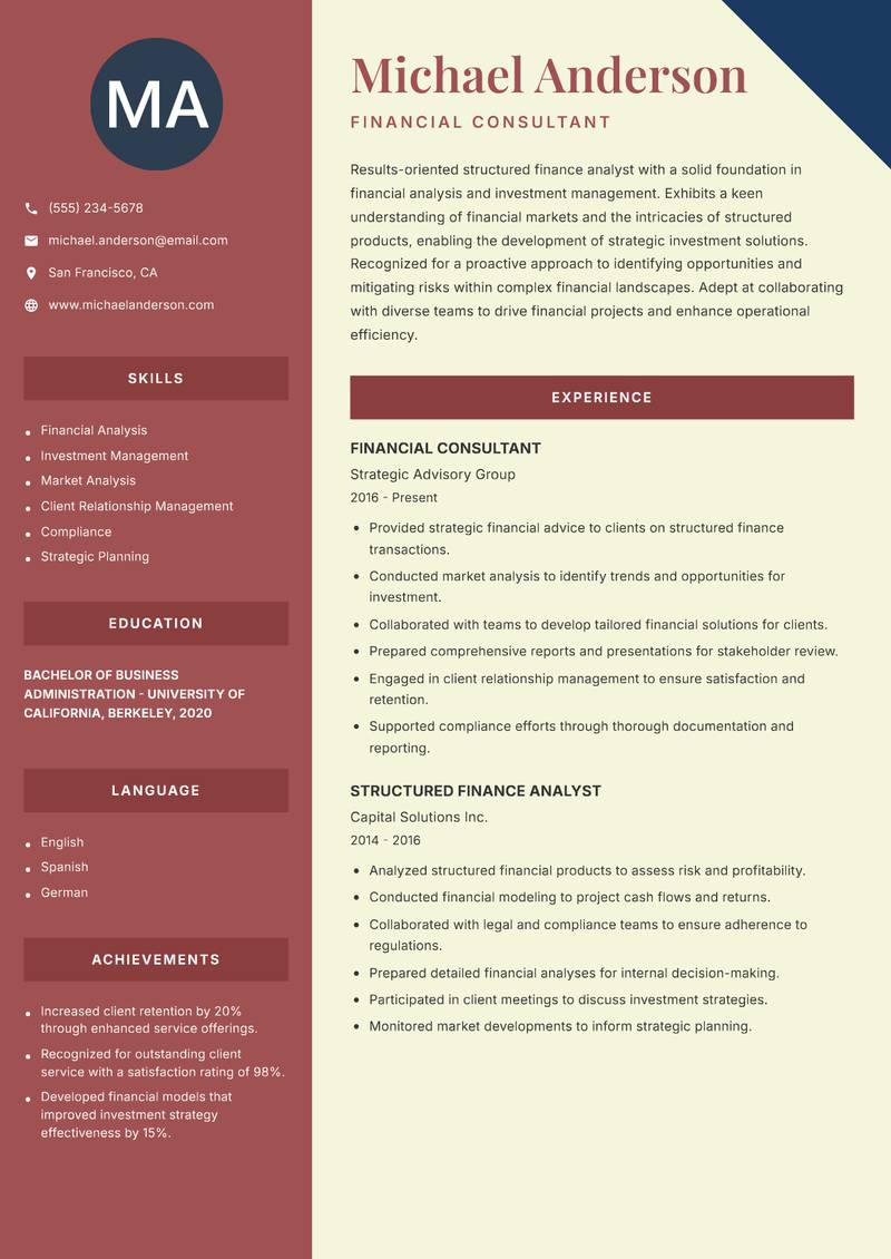 Structured Finance Analyst Resume Preview Example
