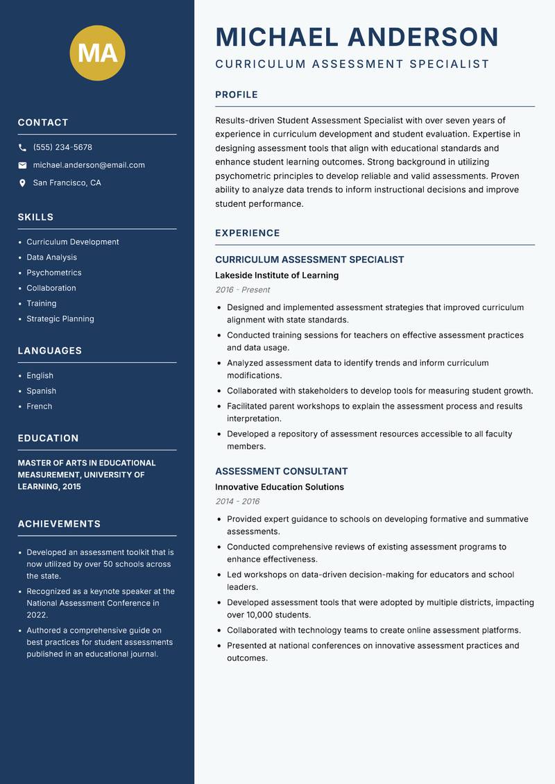 Student Assessment Specialist Resume Preview Example