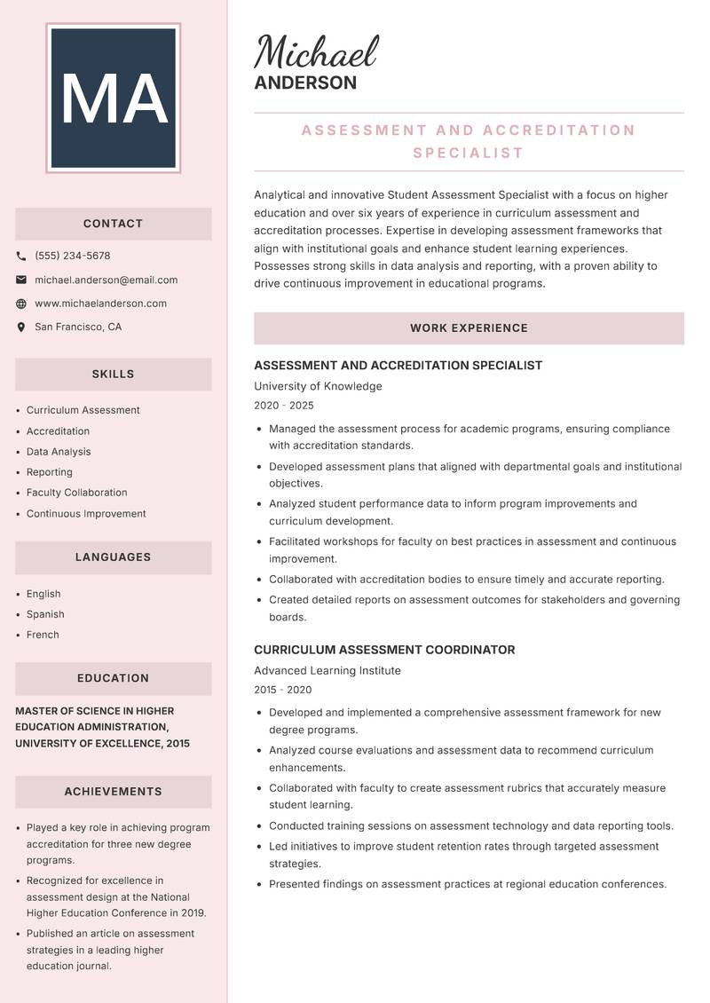 Student Assessment Specialist Resume Preview Example