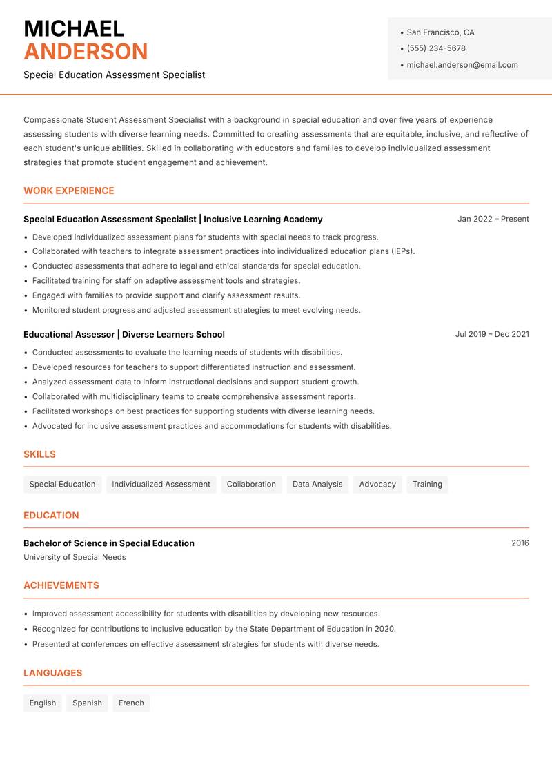 Student Assessment Specialist Resume Template