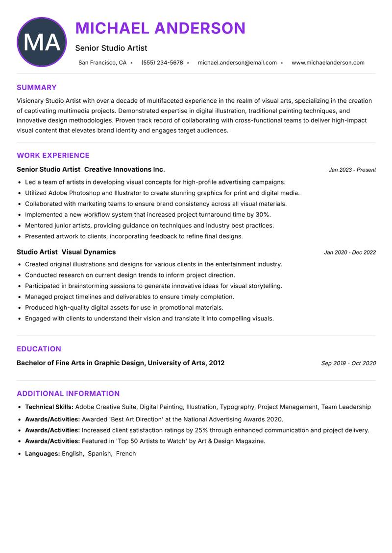 Studio Artist Resume Preview Example