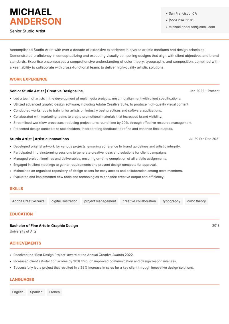 Studio Artist Resume Template