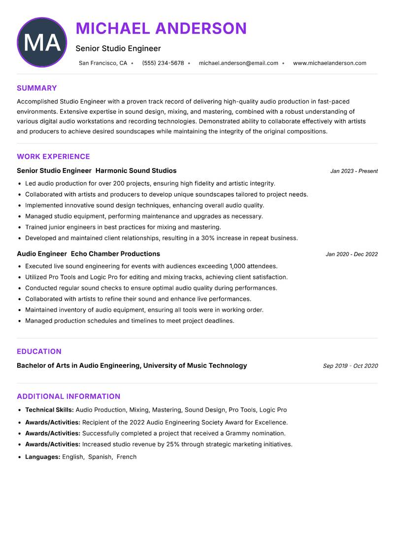 Studio Engineer Resume Preview Example