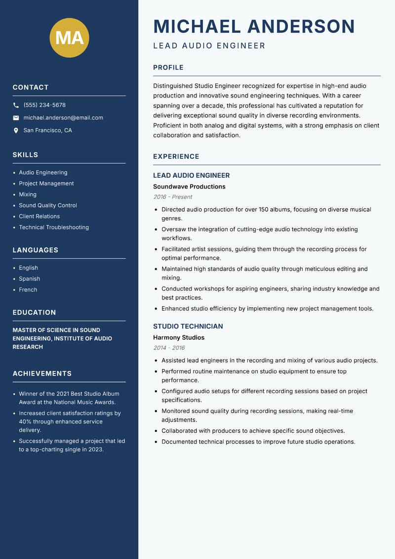 Studio Engineer Resume Preview Example