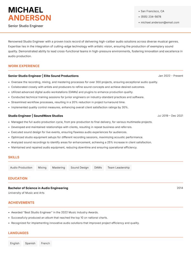 Studio Engineer Resume Template