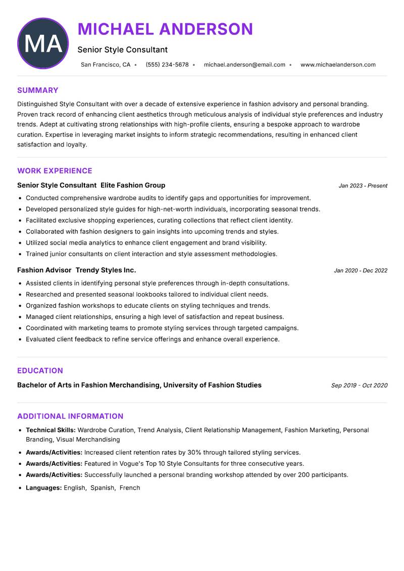 Style Consultant Resume Preview Example