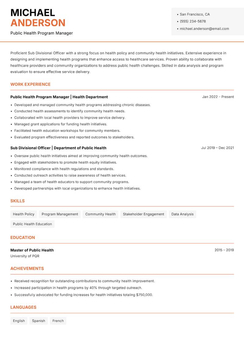 Sub Divisional Officer Resume Template