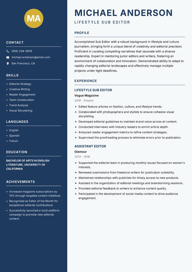 Sub Editor Resume Preview Example