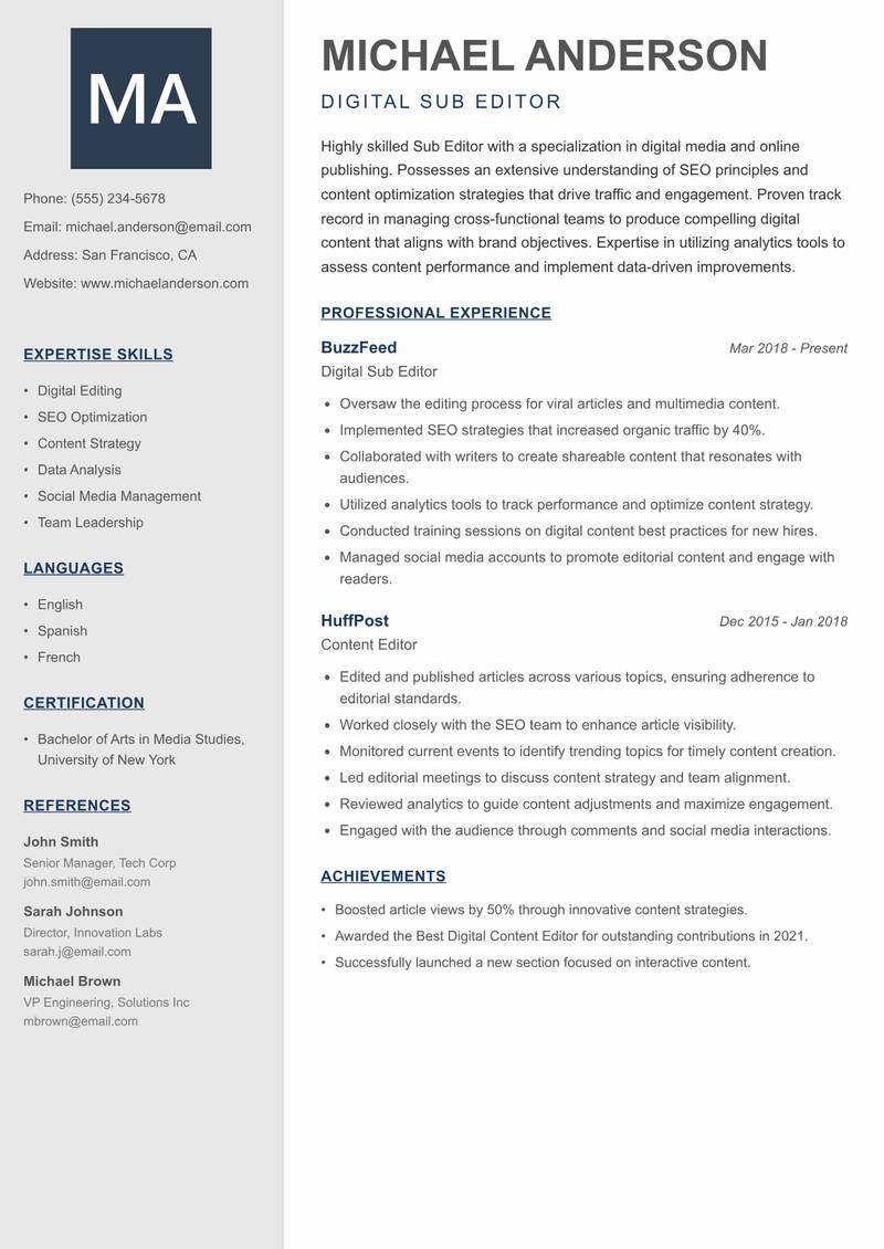 Sub Editor Resume Preview Example