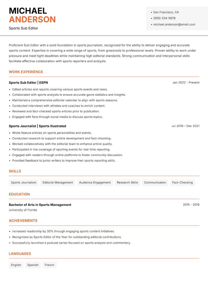 Sub Editor Resume Template