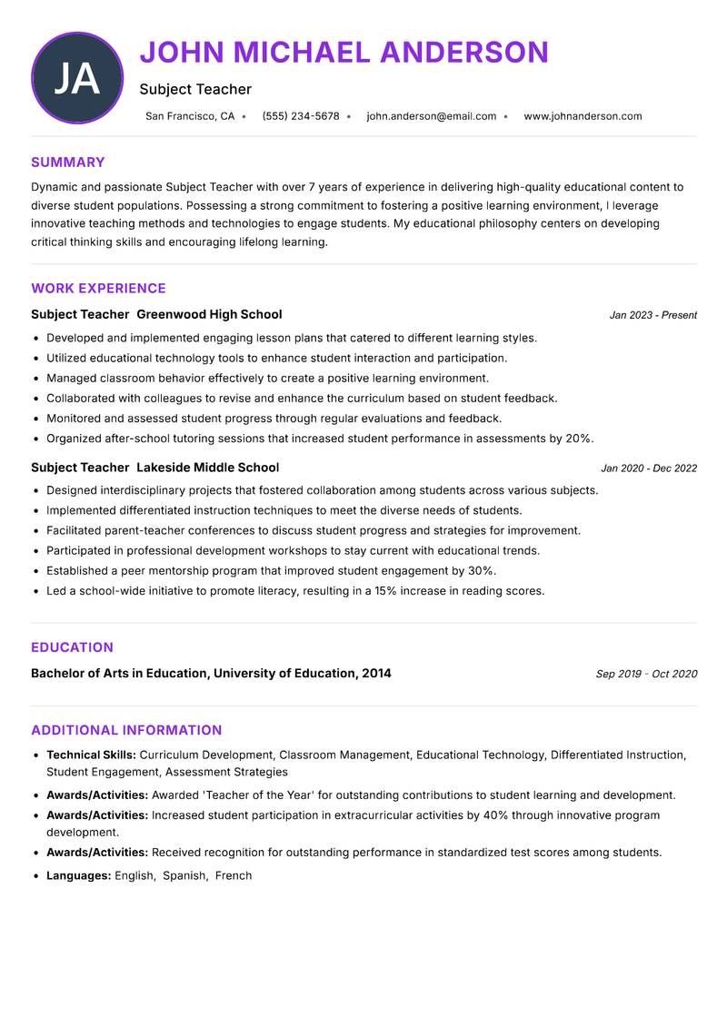 Subject Teacher Resume Preview Example
