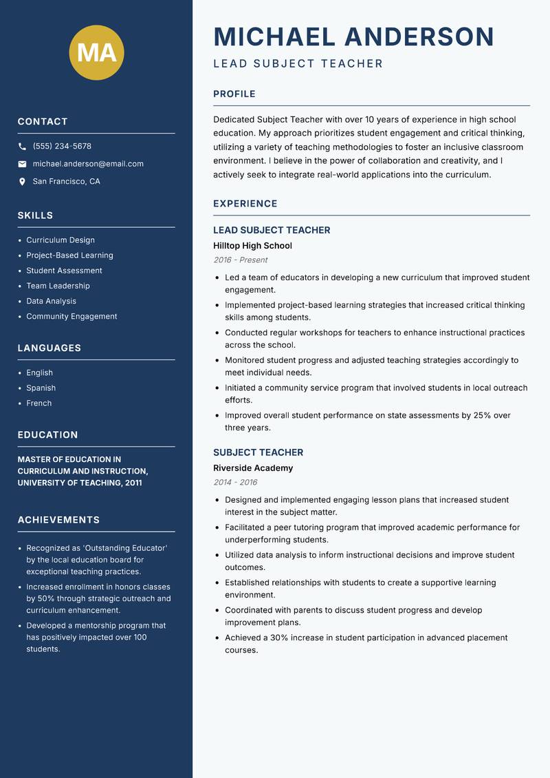 Subject Teacher Resume Preview Example