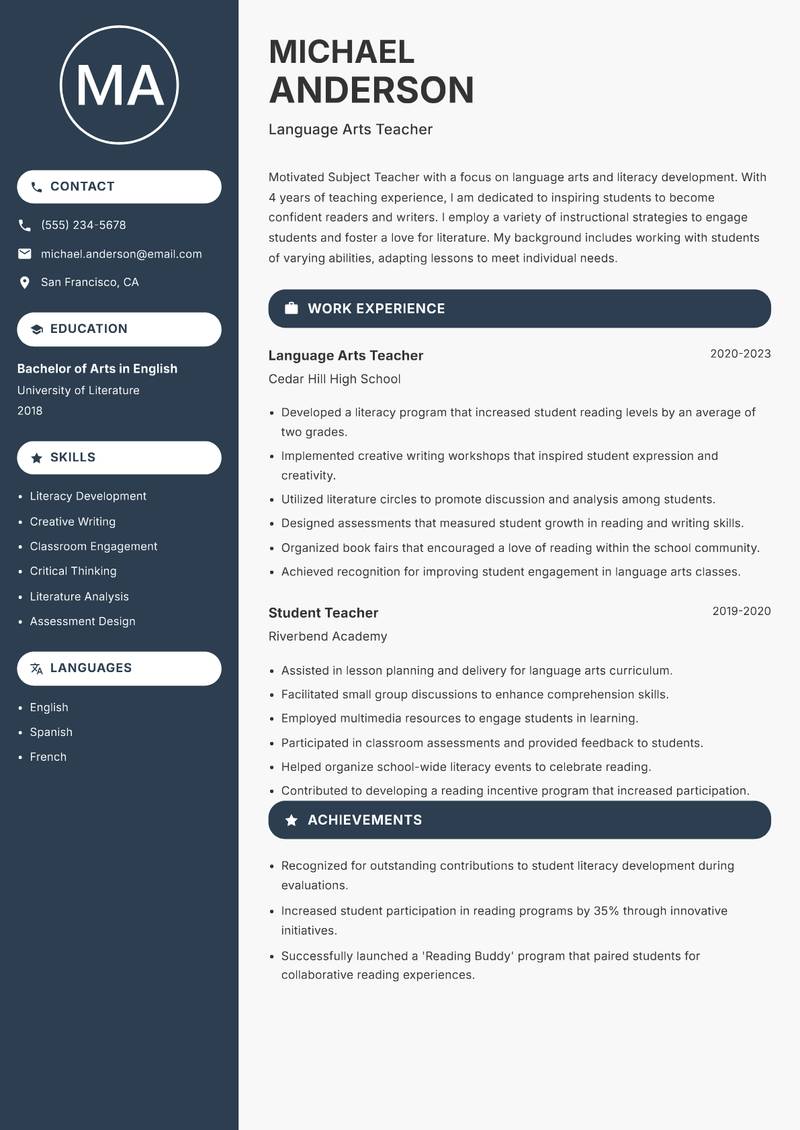 Subject Teacher Resume Preview Example