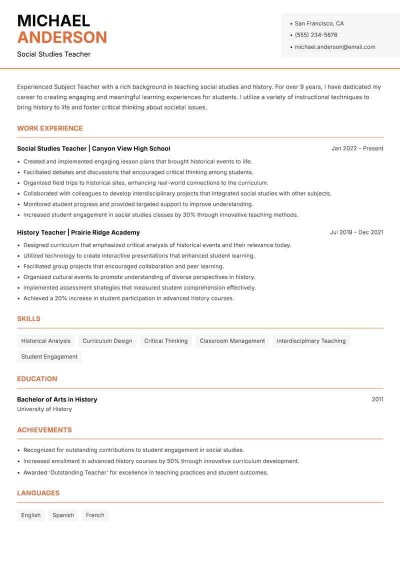 Subject Teacher Resume Template