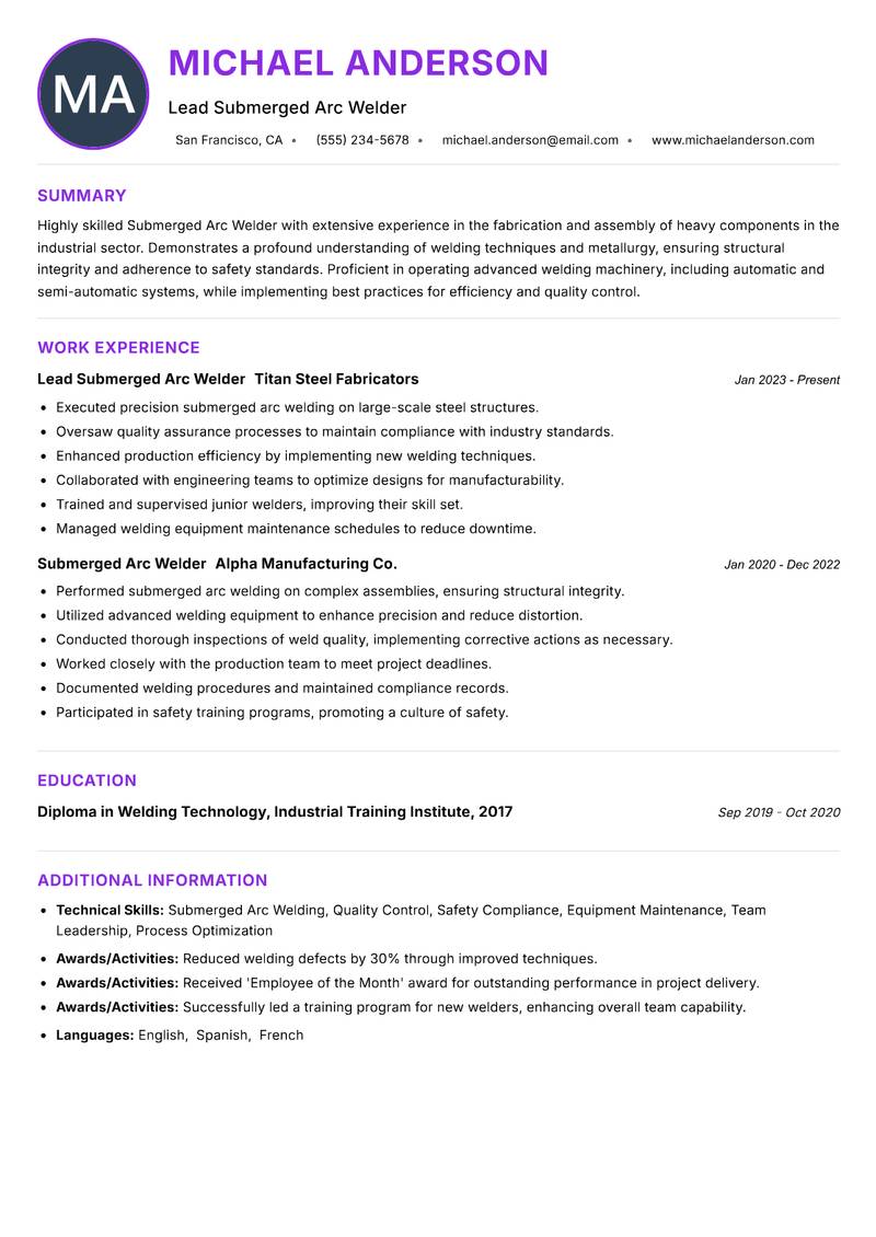 Submerged Arc Welder Resume Preview Example