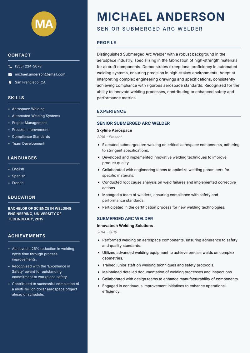 Submerged Arc Welder Resume Preview Example