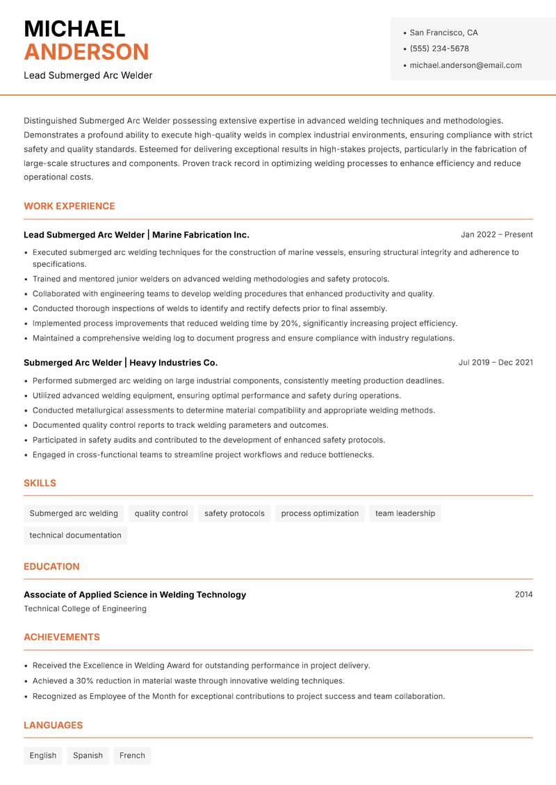 Submerged Arc Welder Resume Template