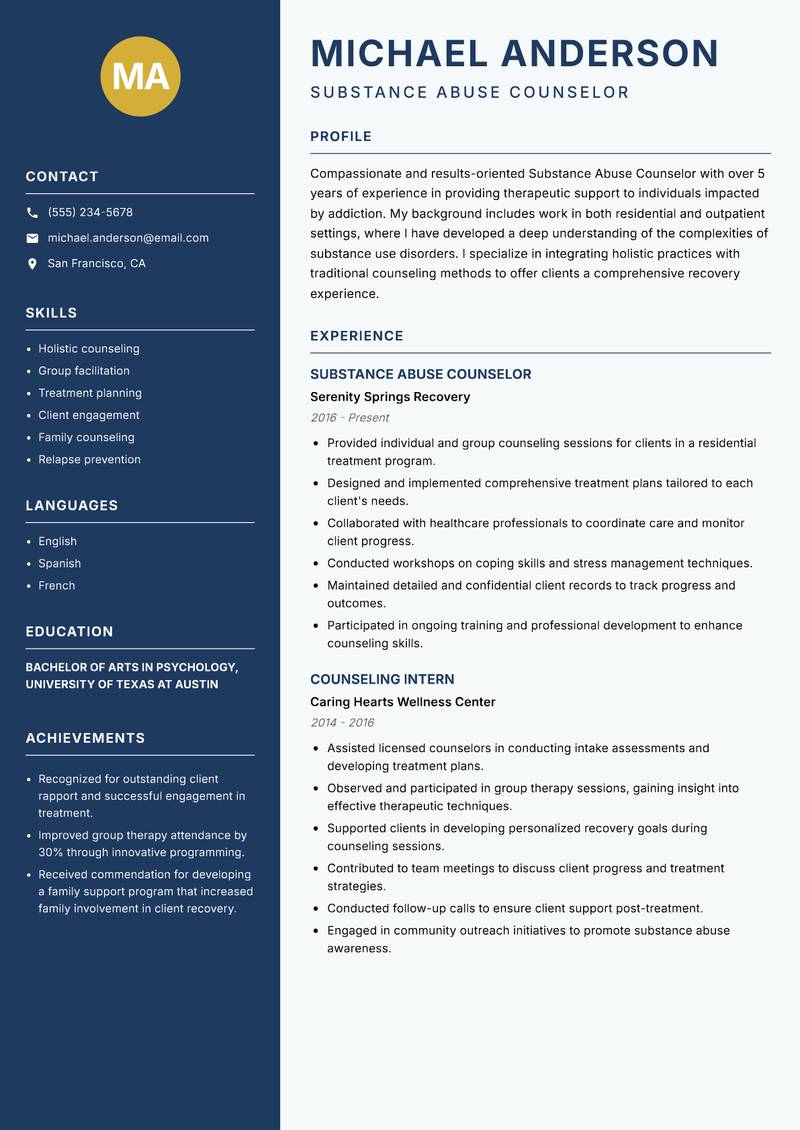 Substance Abuse Counselor Resume Preview Example