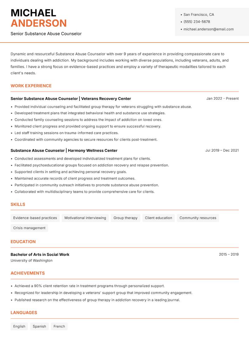 Substance Abuse Counselor Resume Template