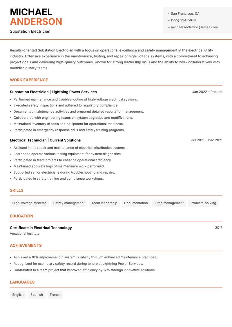 Substation Electrician Resume Template