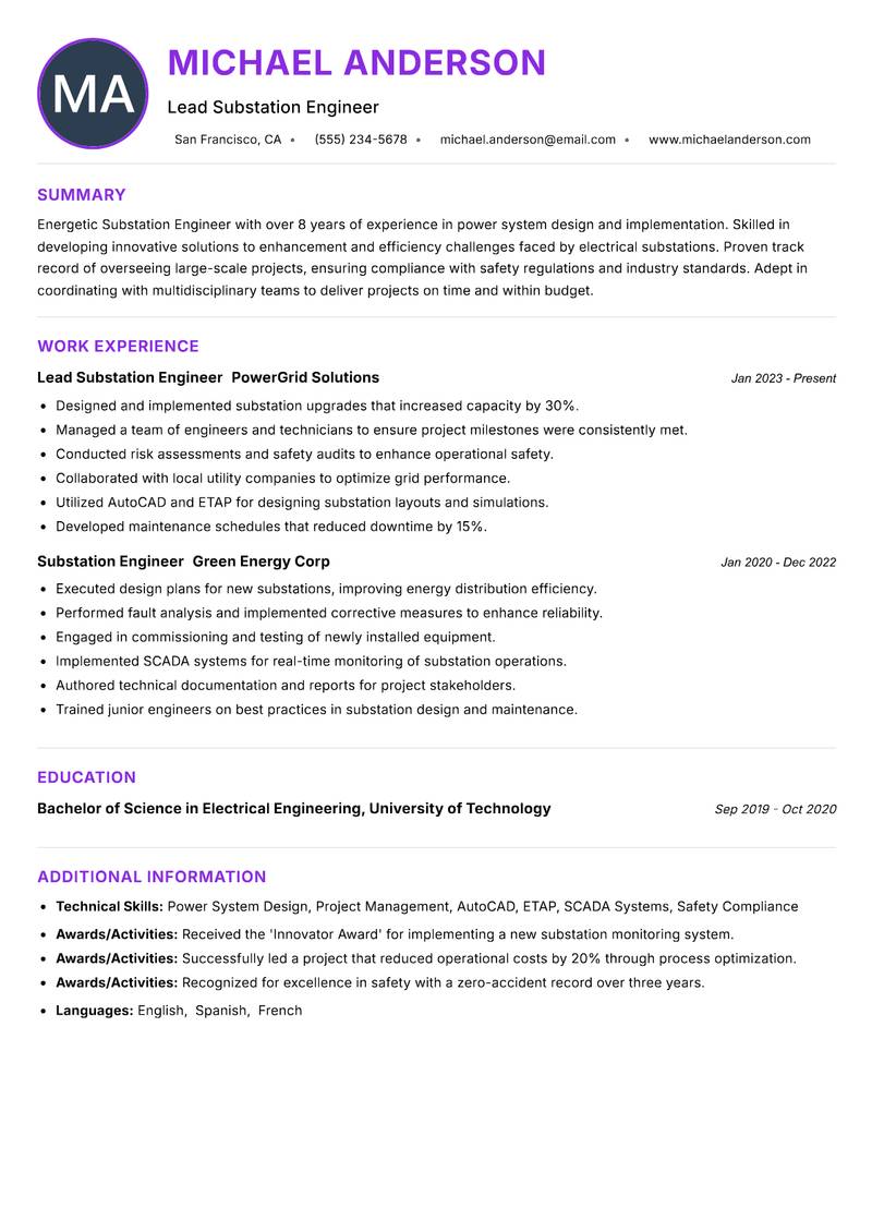Substation Engineer Resume Preview Example