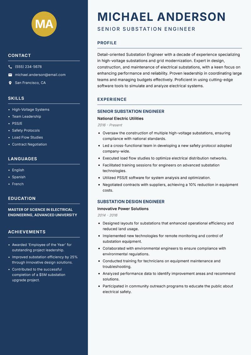Substation Engineer Resume Preview Example
