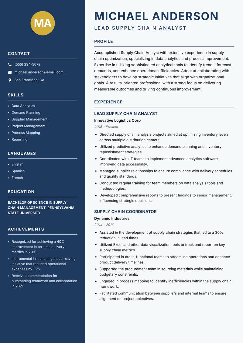 Supply Chain Analyst Resume Preview Example