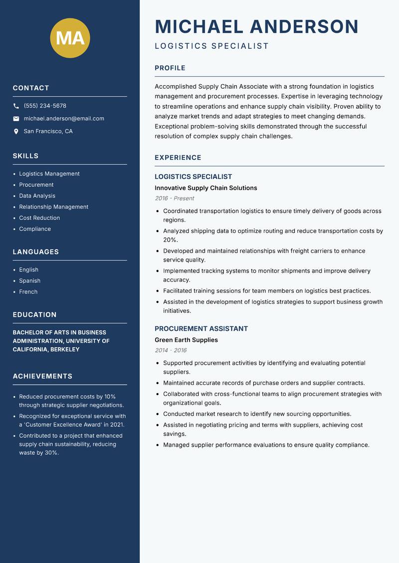 Supply Chain Associate Resume Preview Example
