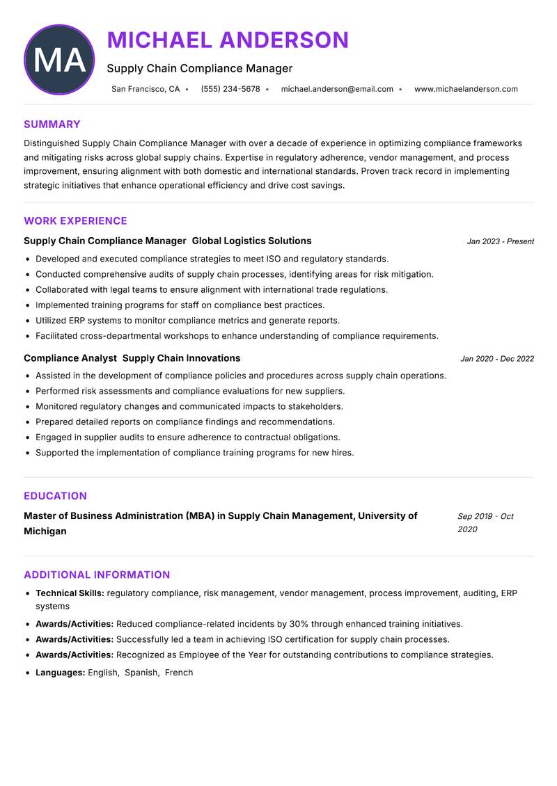 Supply Chain Compliance Manager Resume Preview Example