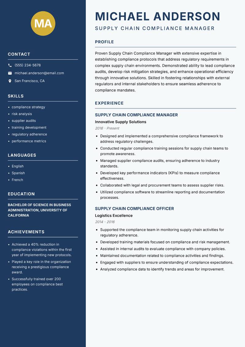 Supply Chain Compliance Manager Resume Preview Example