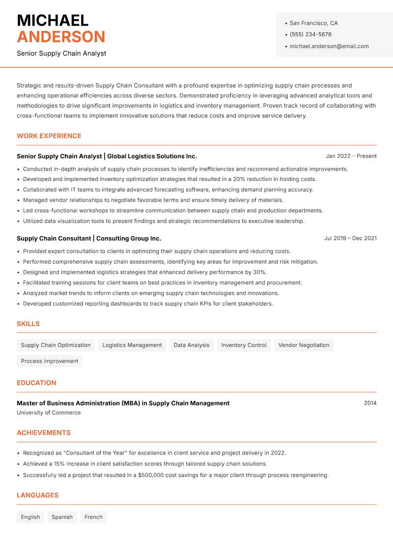 Supply Chain Consultant Resume Template