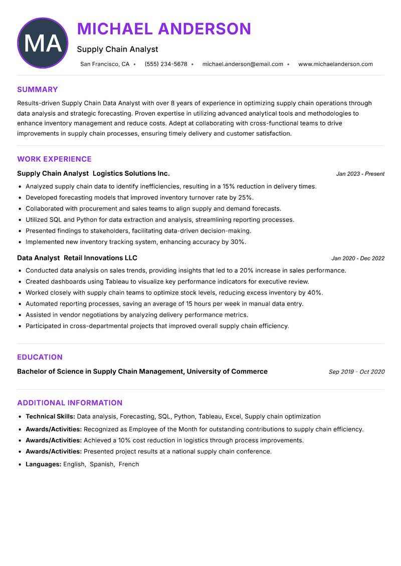 Supply Chain Data Analyst Resume Preview Example
