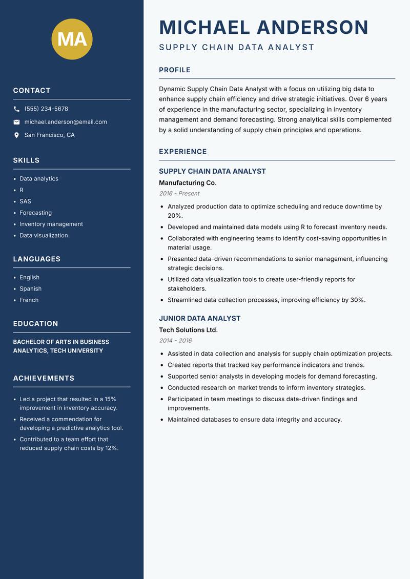Supply Chain Data Analyst Resume Preview Example