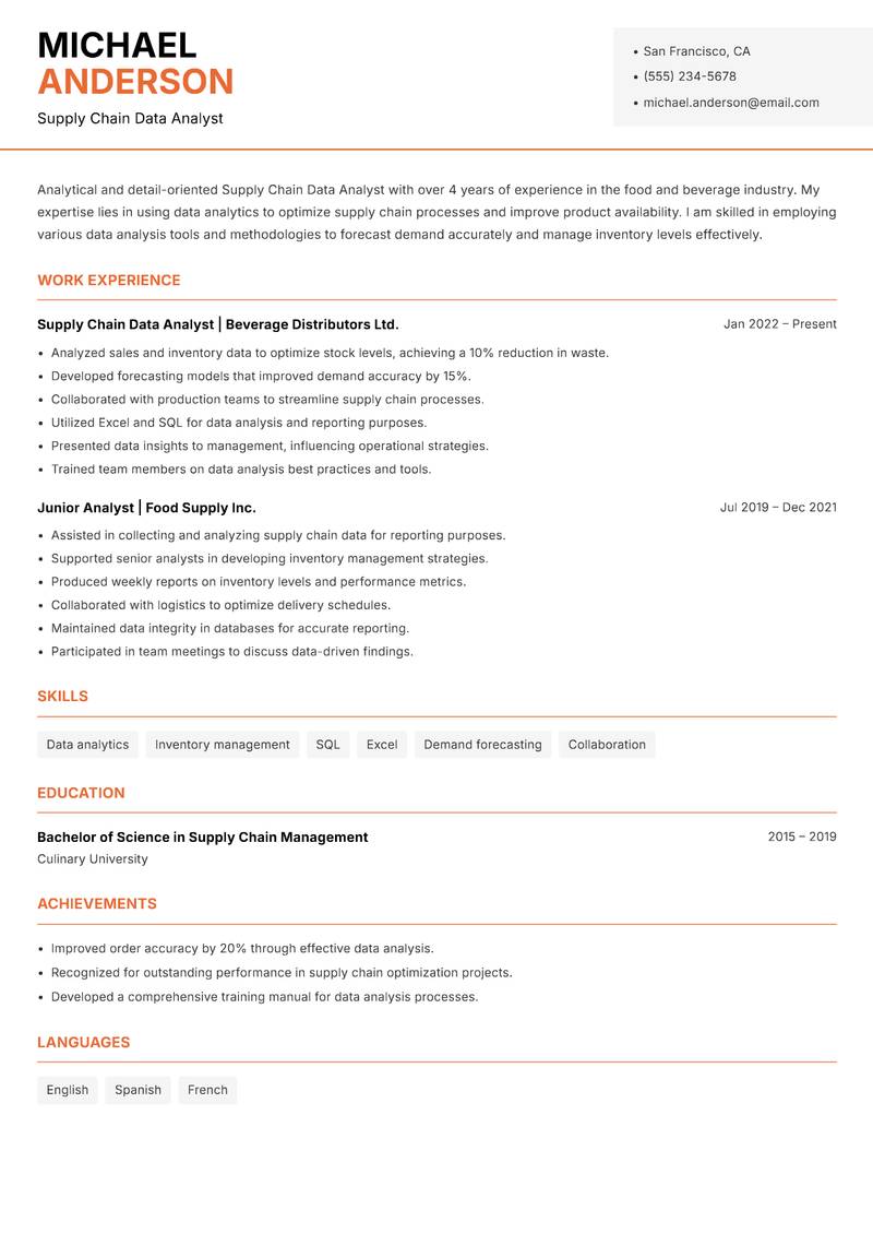 Supply Chain Data Analyst Resume Template