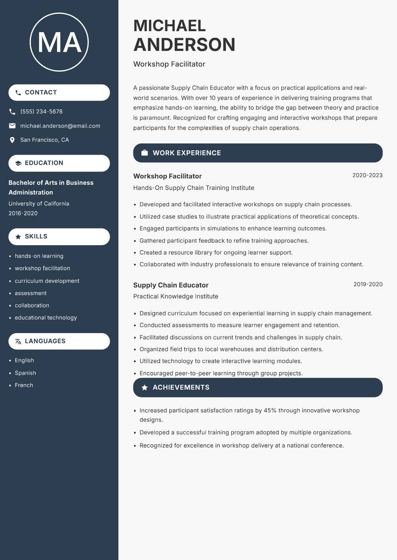 Supply Chain Educator Resume Preview Example