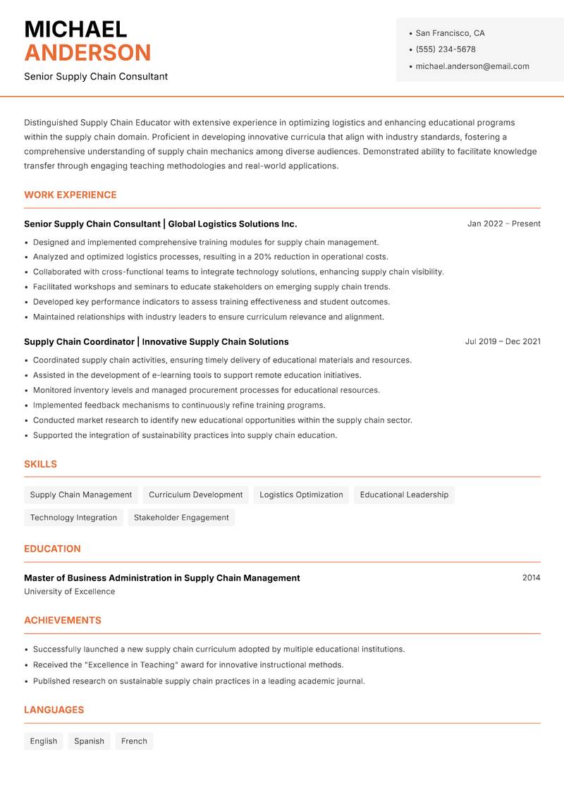 Supply Chain Educator Resume Template