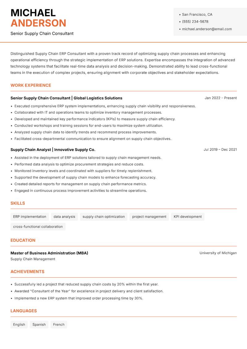 Supply Chain ERP Consultant Resume Template